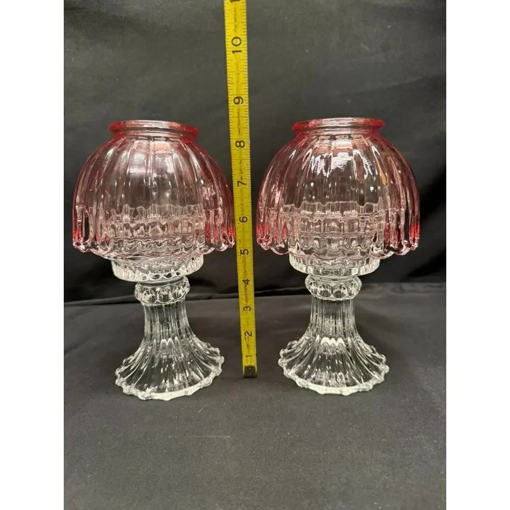 Pair of L.E. Smith Vintage Pink Fairy Lamps Clear Glass Pedestal Candle Holders